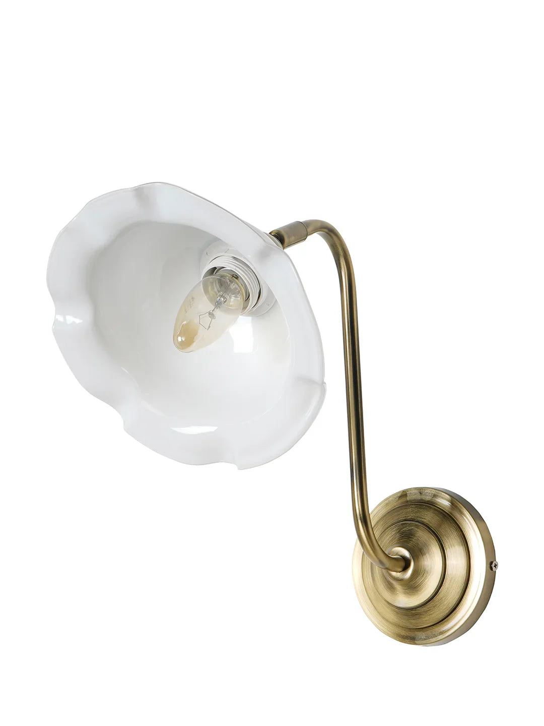 Industrial Brass Adjustable Gooseneck Wall Sconce | White Frilled Edge "Jhalar" Glass Shade
