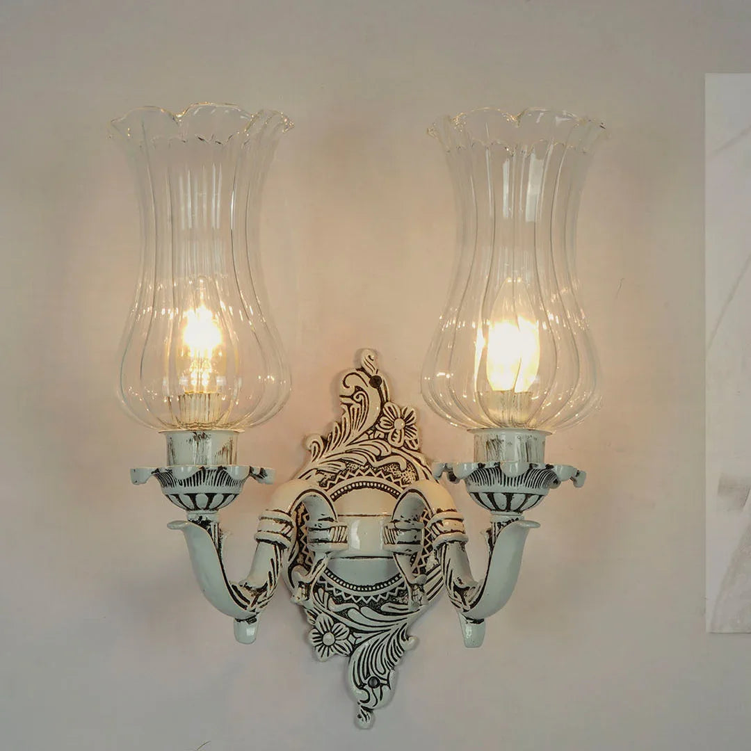 Traditional Swan Double Wall Lamp in Antique White with Fluted Glass Shades