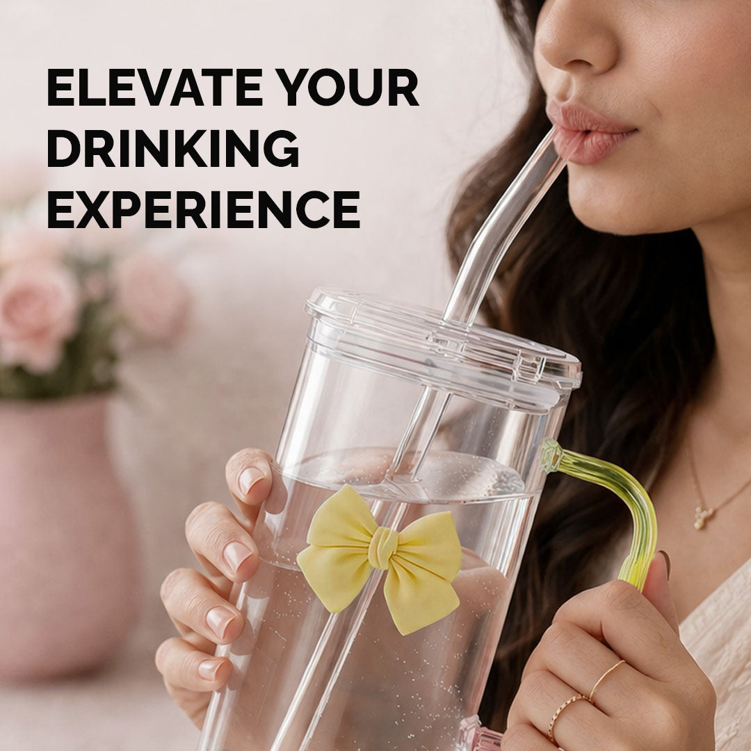 Borosilicate 400ml Glass Straw Cup with Lid & Handle | Square Transparent Coffee Mug with Cute Bow | Heat Resistant BPA Free Reusable Drinking Tumbler