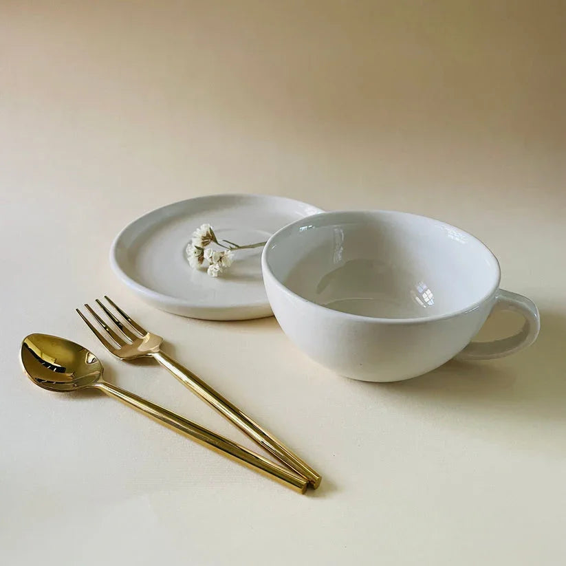 Off White Blanche Latte Cup and Saucer Set | Ceramic Cup with Saucer for Tea and Coffee