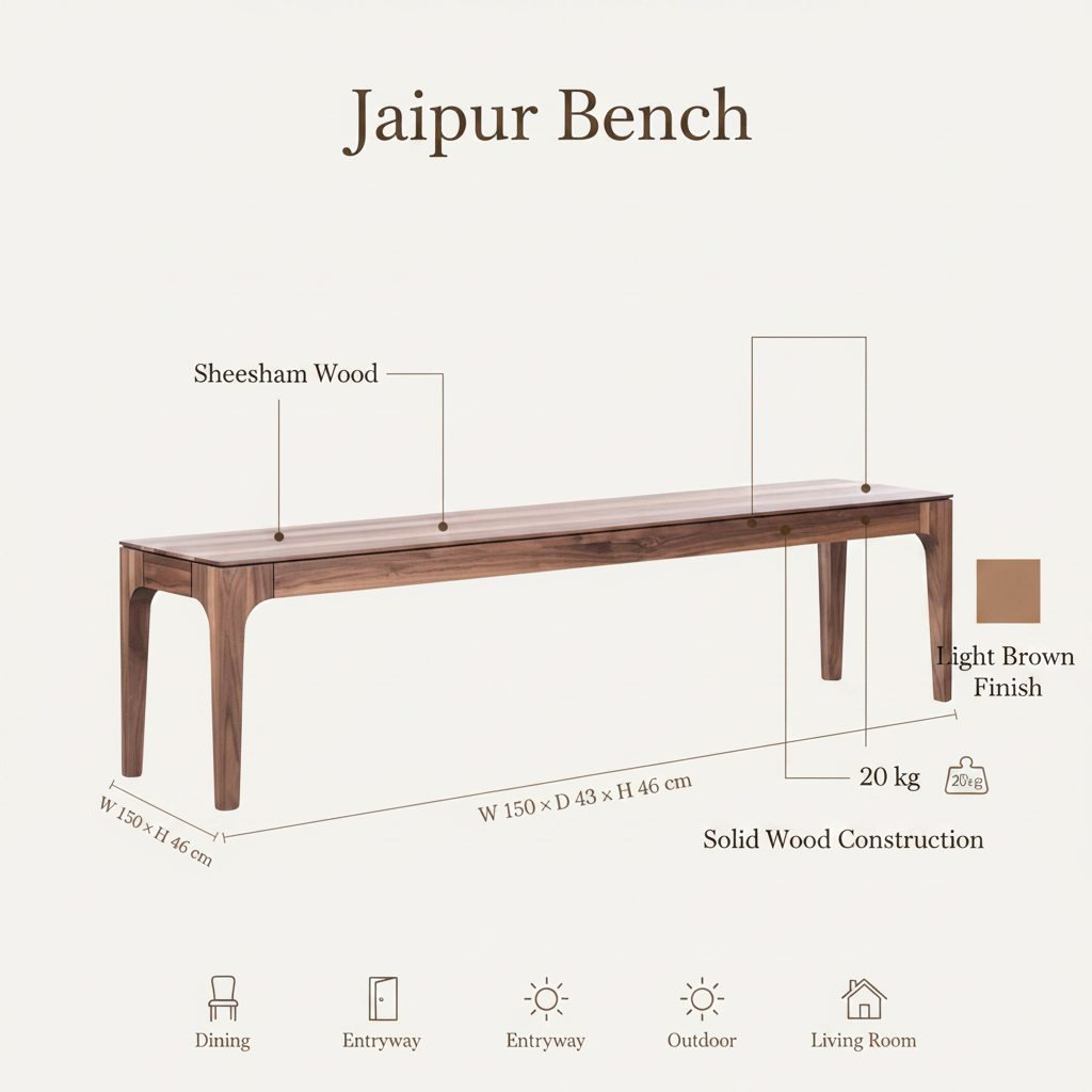 Jaipur Sheesham Wood Bench | Solid Wooden Bench for Dining, Entryway & Outdoor Seating