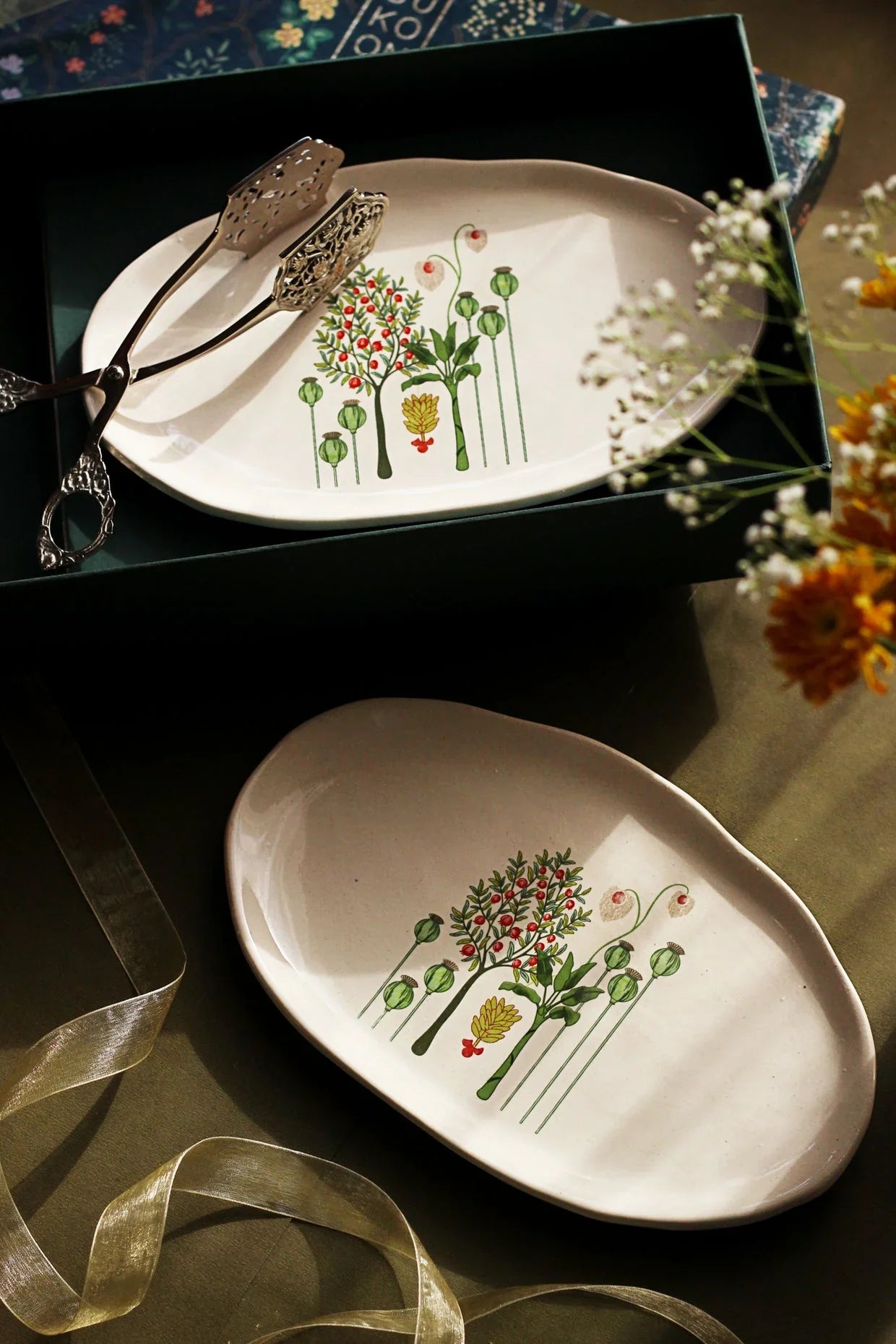 Bagh Platters with Tong Set of 2 | Serving Tongs & Stylish Platters