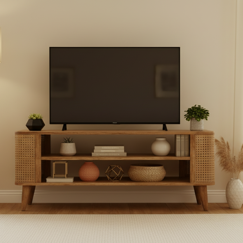 Solid Mango Wood TV Unit | Wooden Entertainment Unit with Rattan Design for Living Room