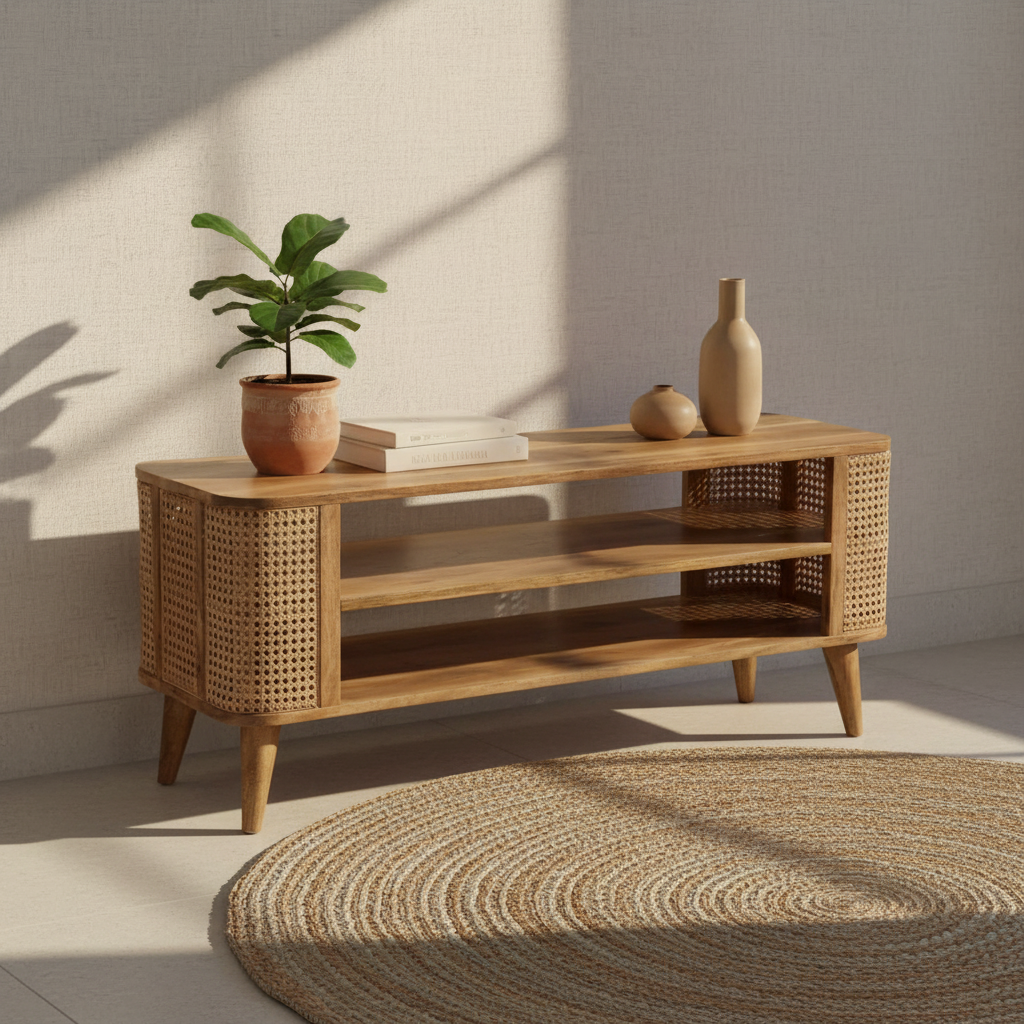 Solid Mango Wood TV Unit | Wooden Entertainment Unit with Rattan Design for Living Room