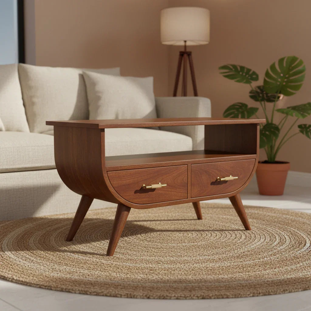 Solid Mango Wood Coffee Table with Shelf | Chestnut Finish Small Tea Table for Living Room