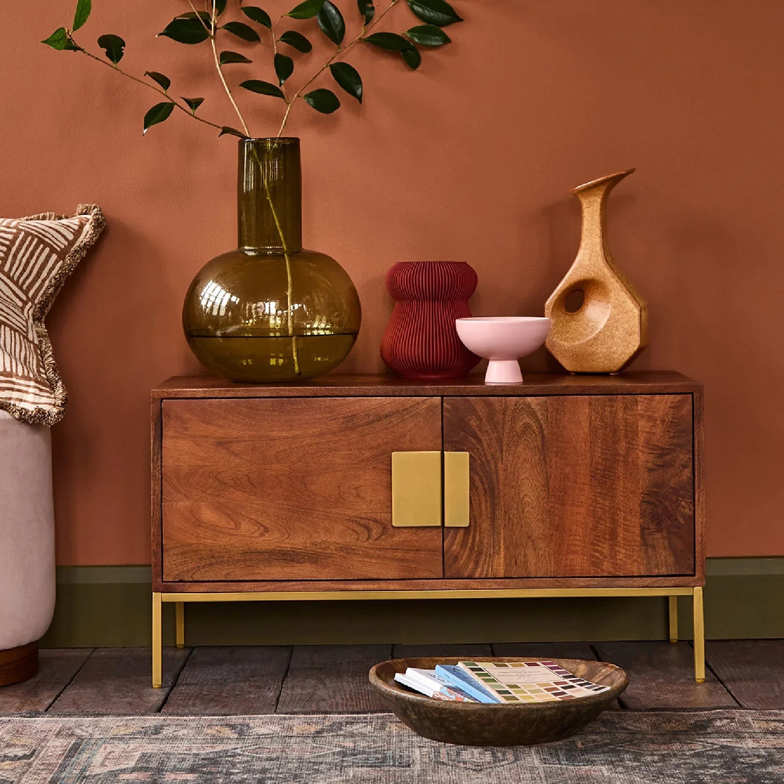 Designer TV Unit for Living Room | Mango Wood TV Console with Brass Handles | TV Cabinet with Storage