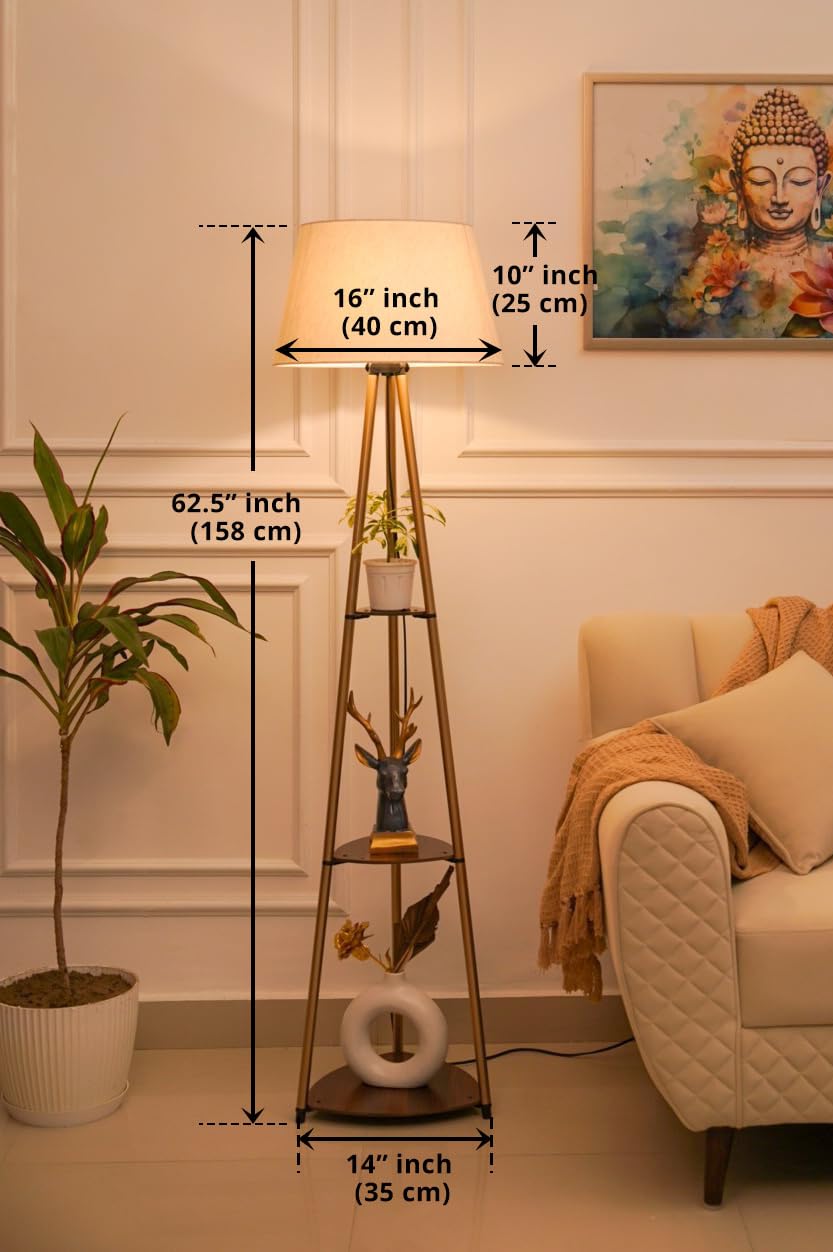 3 Shelves Floor Lamp Brass Antique Finish 5 Feet Height with 16” Diameter Off White Shade for Living Room, Bedroom and Home Decoration