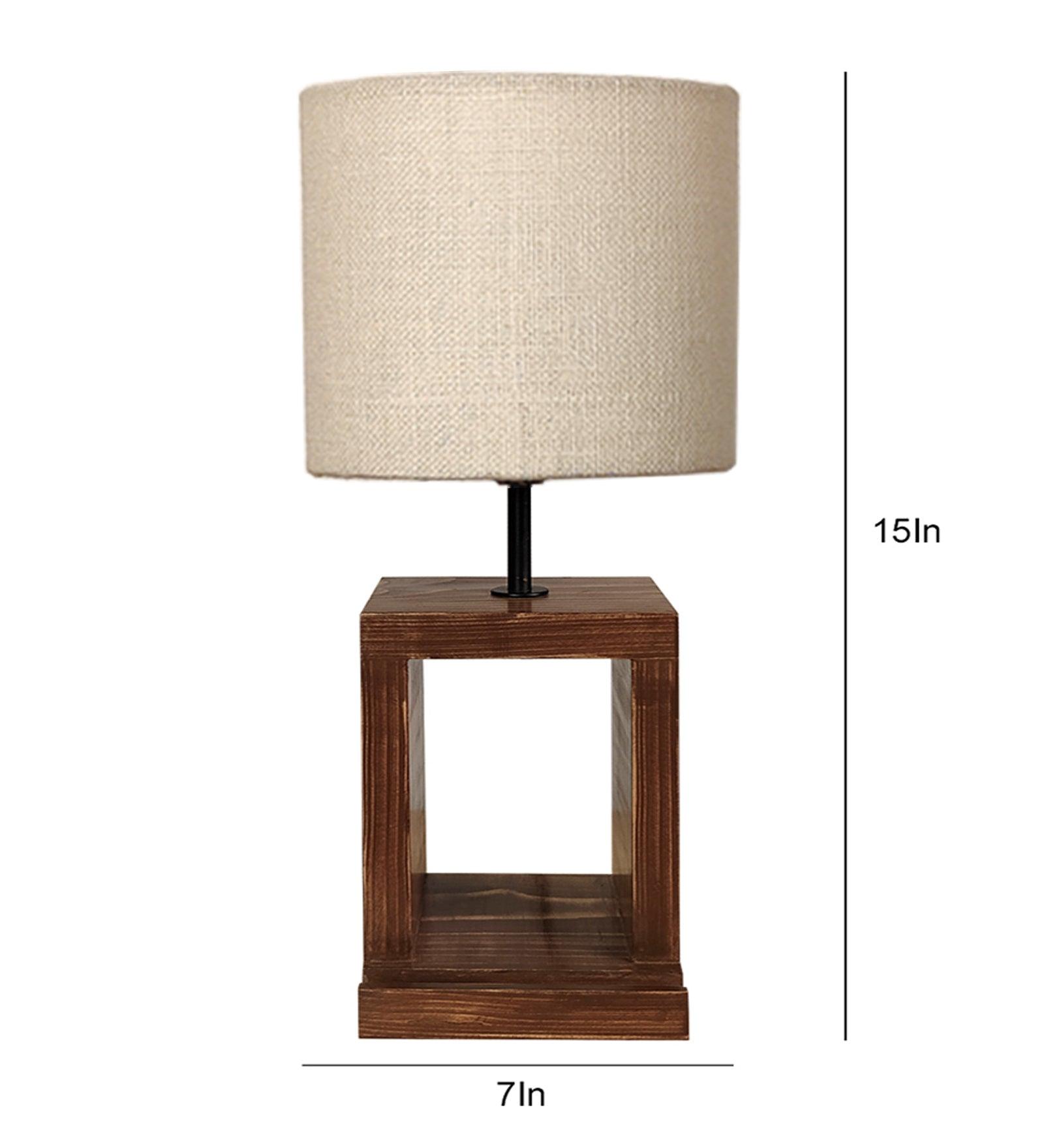 Moby Brown Wooden Table Lamp with Yellow Printed Fabric Lampshade