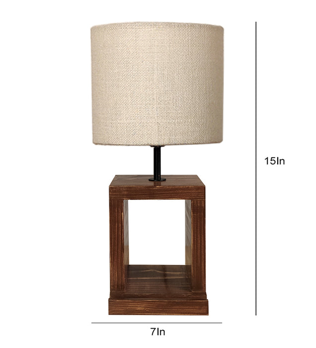 Moby Brown Wooden Table Lamp with Yellow Printed Fabric Lampshade