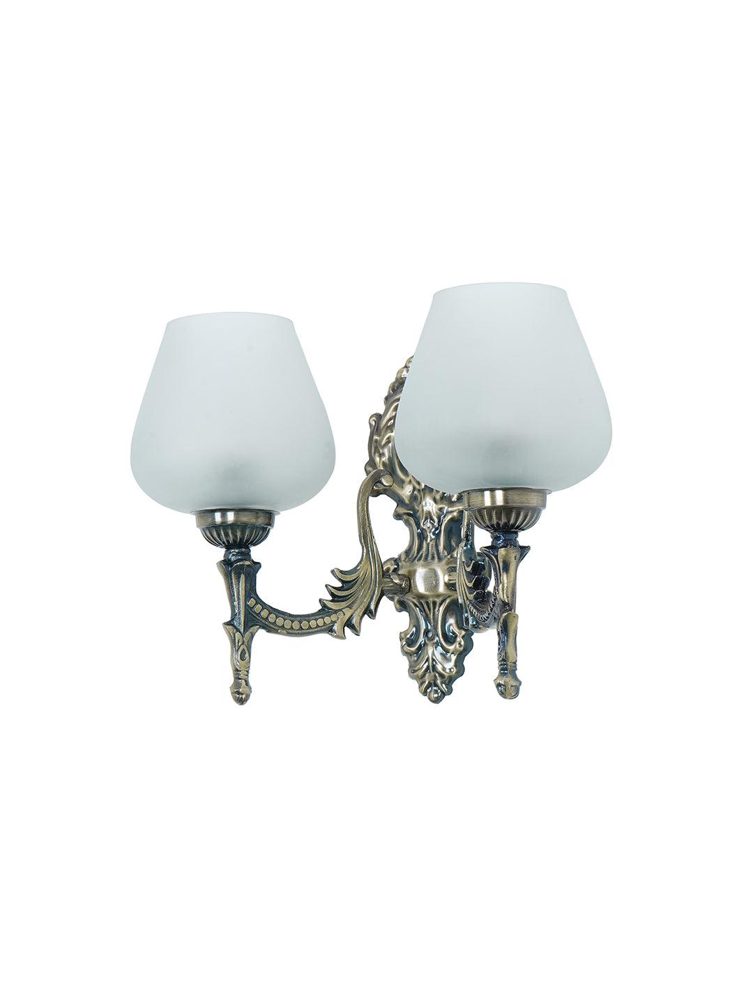 Antique Brass Finish 11 Inch 2-Light Steel Wall Lamp With Plain Frosted Goblet Glass Shades