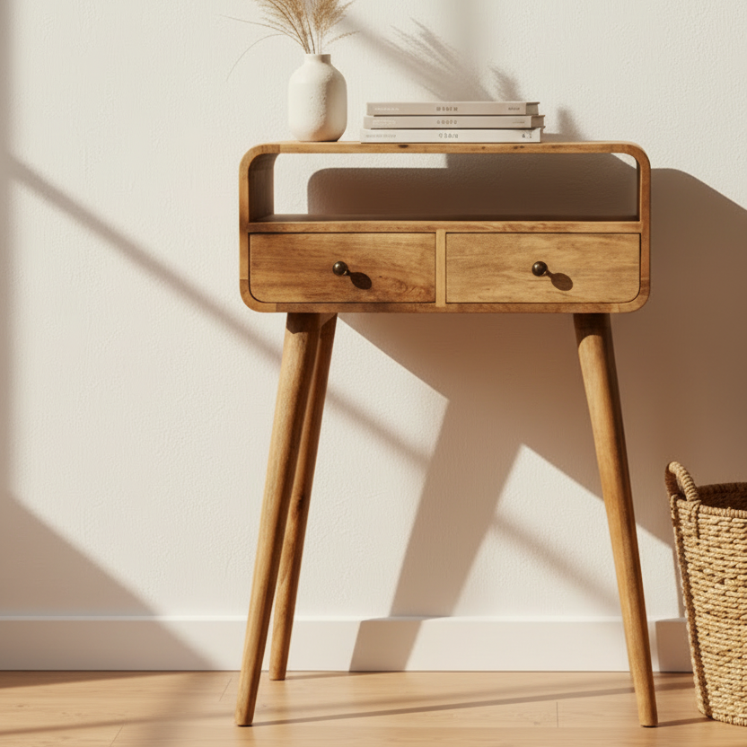 Mini Curved Oak-ish Console Table