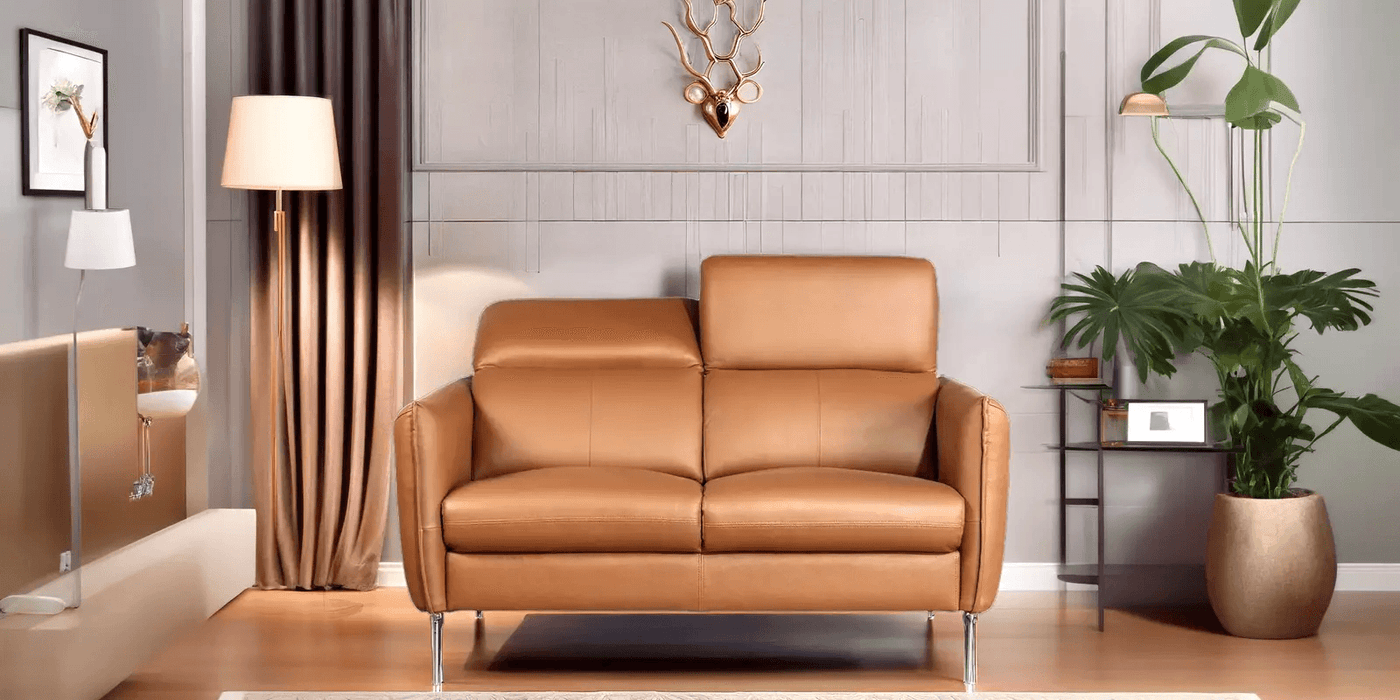 Navona Genuine leather modern sofa with functional headrest In Tan Colour.