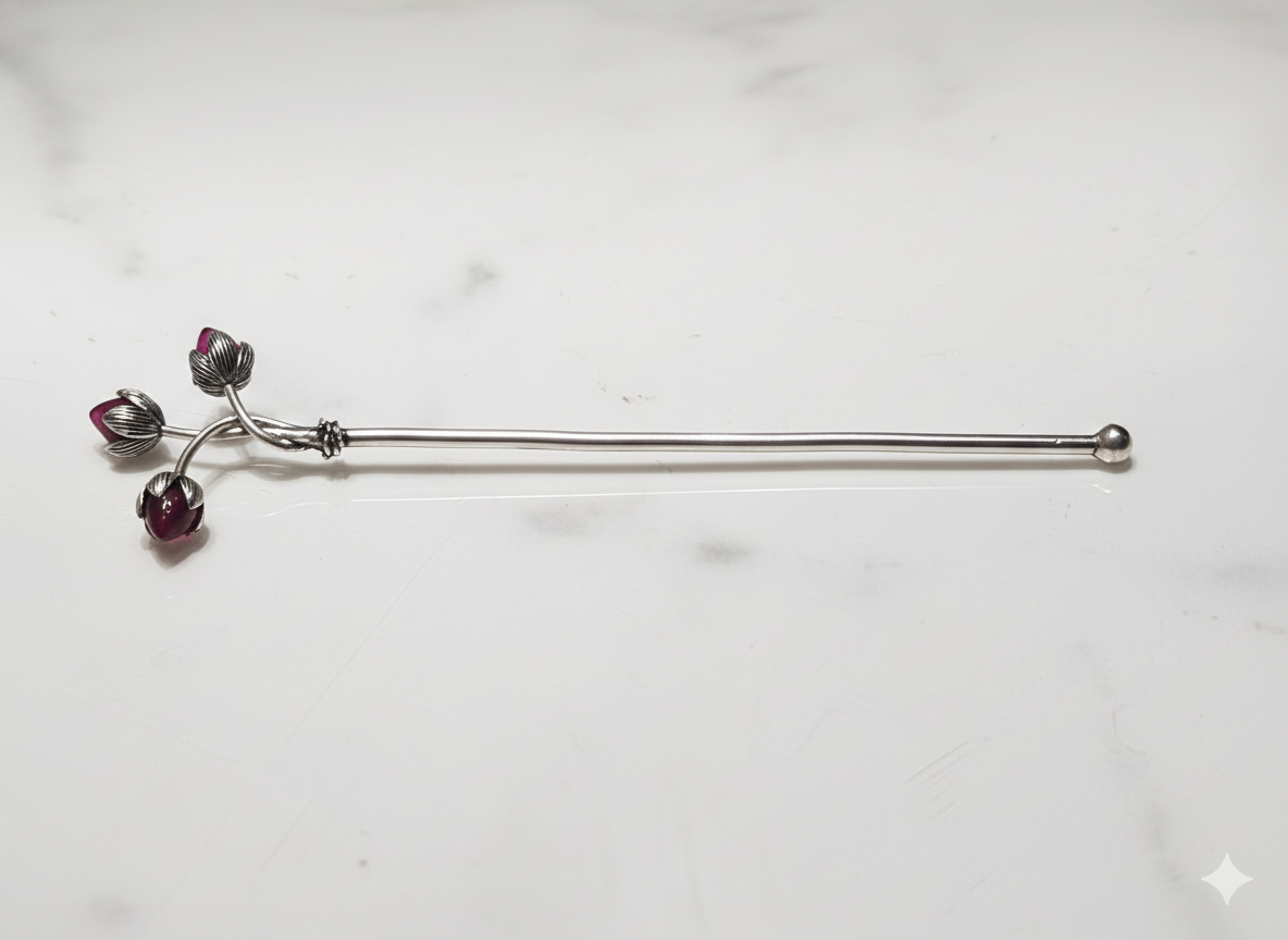 Pure Silver Plated Brass Trishakti Tilak Stick With Ruby Accents