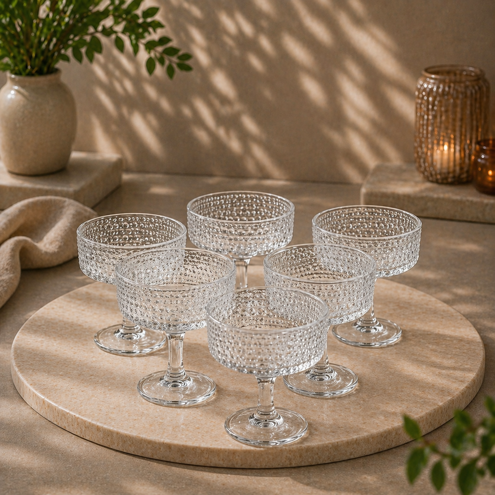 Glass Ice Cream Cups Set of 6 (185ml Each) | Premium Textured Dessert Bowls for Sundae, Pudding & Sweets | Food-Safe, Durable & Scratch-Resistant | Elegant Transparent Stem Design
