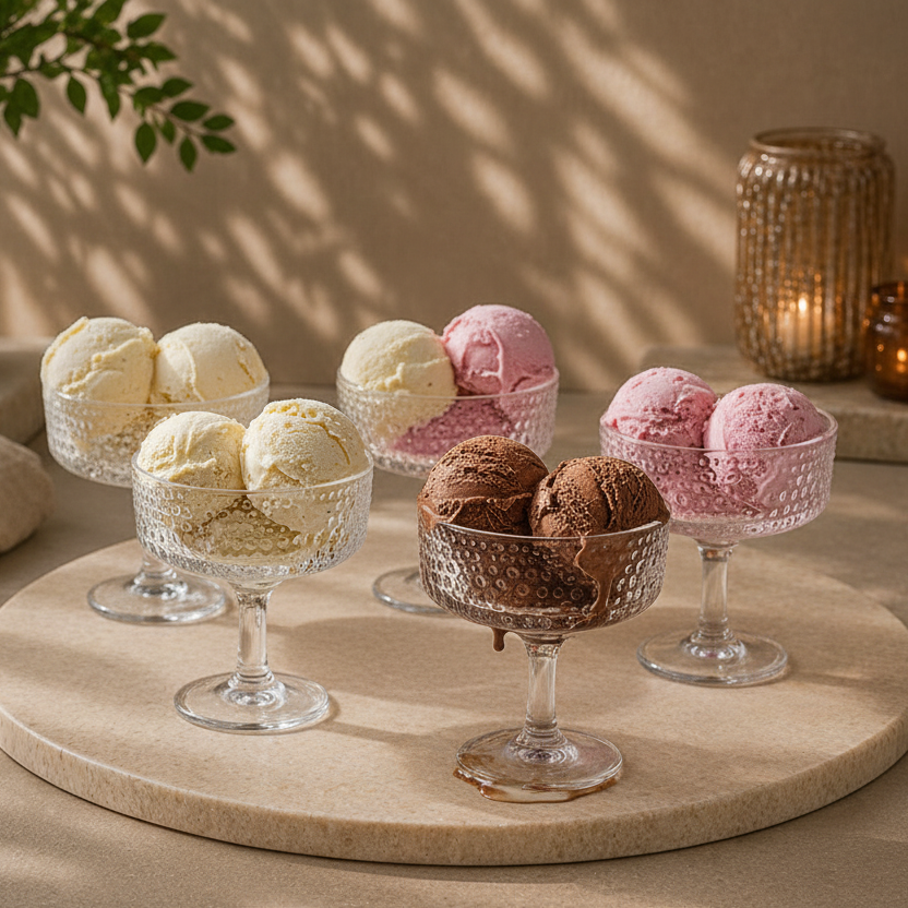 Glass Ice Cream Cups Set of 6 (185ml Each) | Premium Textured Dessert Bowls for Sundae, Pudding & Sweets | Food-Safe, Durable & Scratch-Resistant | Elegant Transparent Stem Design
