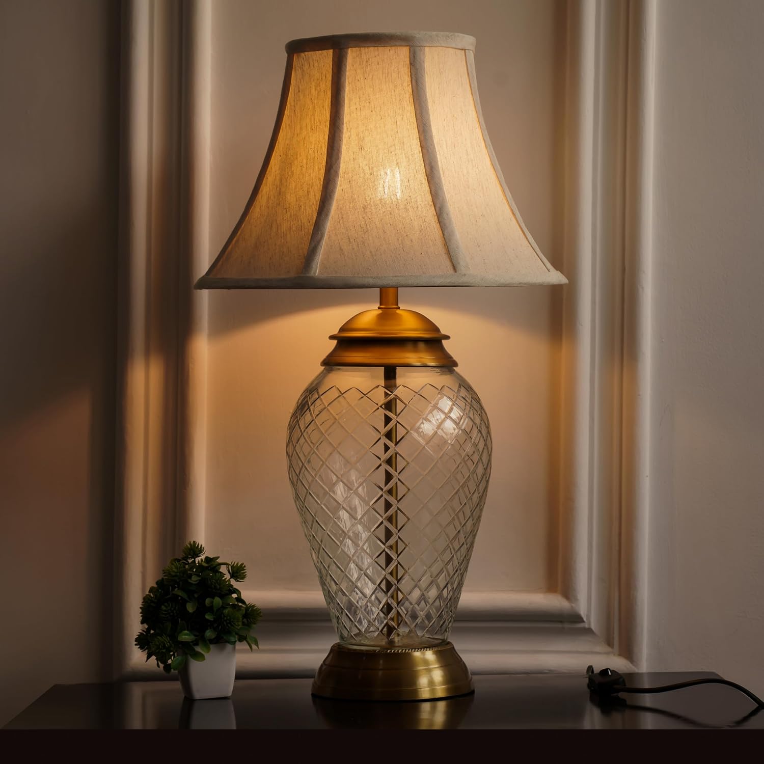 Royal Pure Brass Antique Finish And Diamond Cut Glass Table Lamp 23 Inches Height With Off White Bell 14 Inches Diameter Lampshade