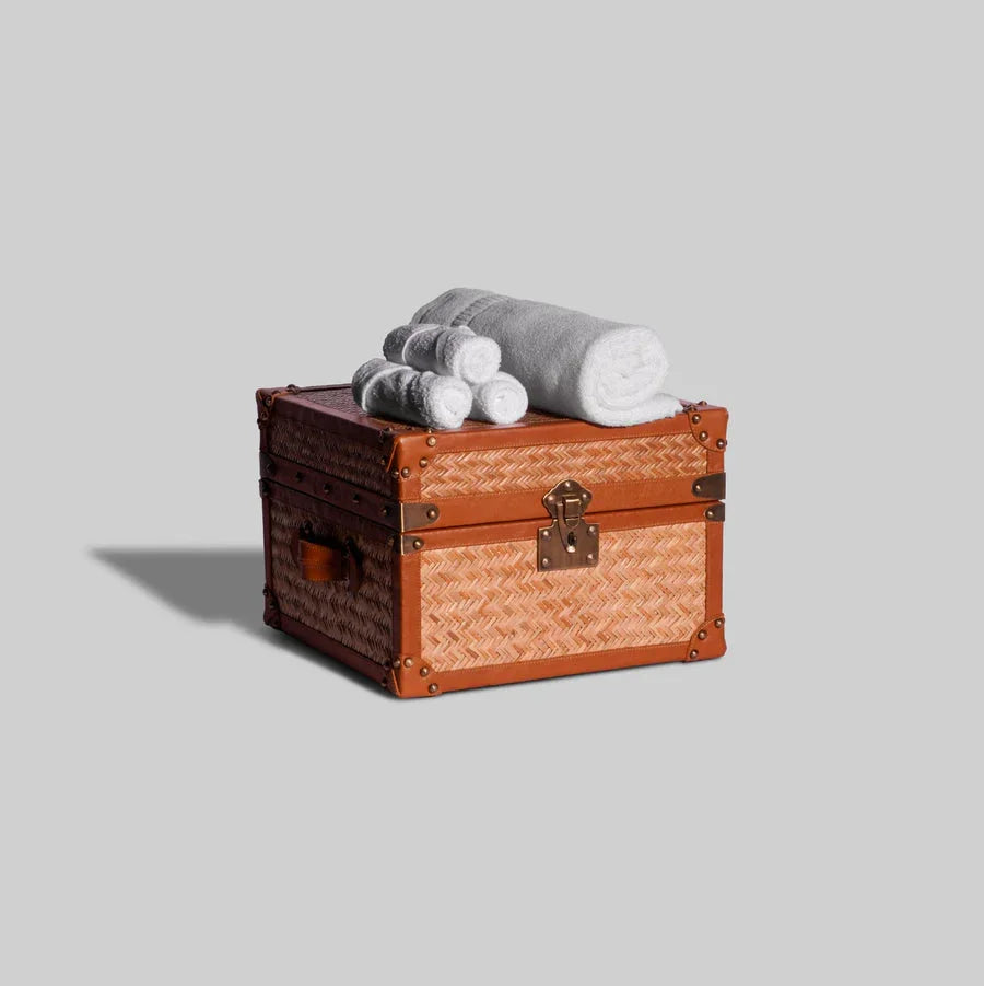 Luxury Leather & Rattan Storage Trunk Box | Premium Towel & Linen Organizer | Unique Storage Box