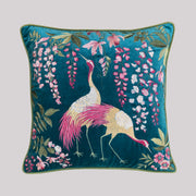 Pushp Vihang Embroidered Velvet Cushion - Teal / Deep Blue Colour, 18 x 18