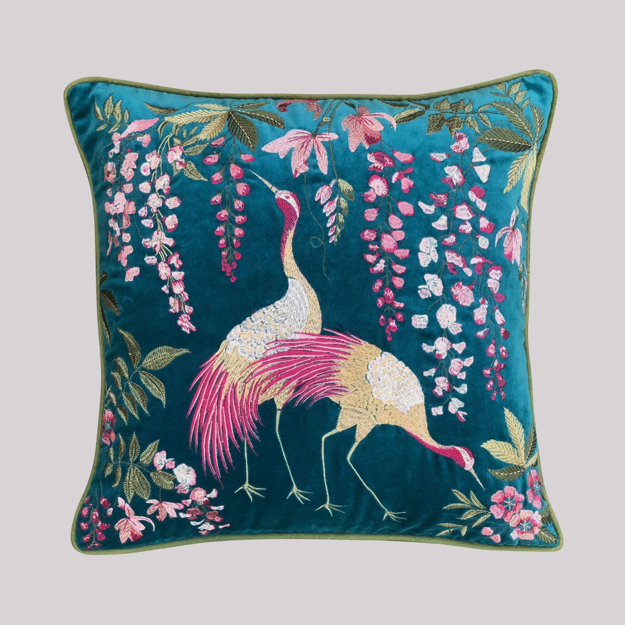 Pushp Vihang Embroidered Velvet Cushion - Teal / Deep Blue Colour, 18 x 18