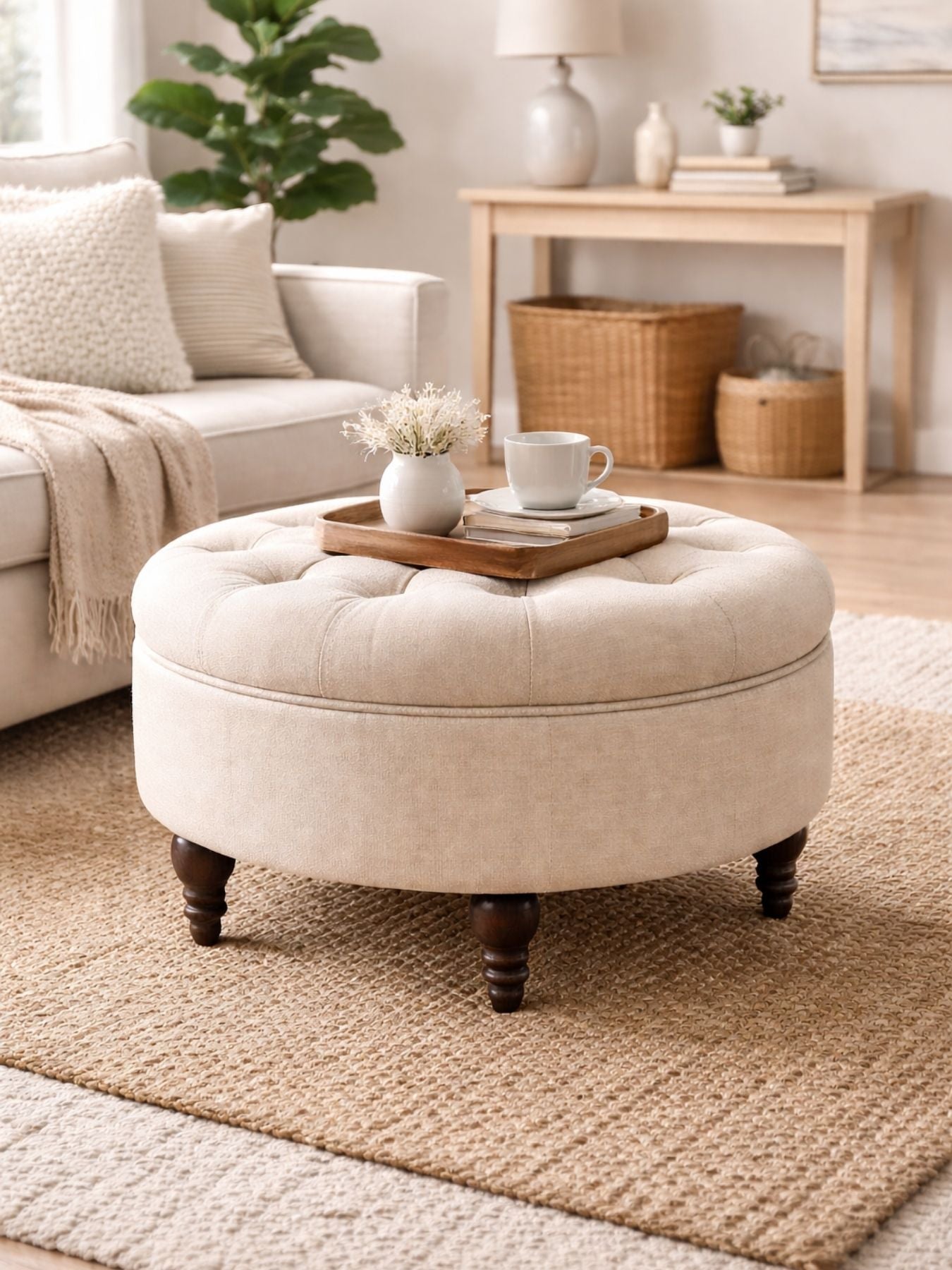 Classic Round Floral Ottoman – Soft Tufted Seat with Sagwan Wooden Base