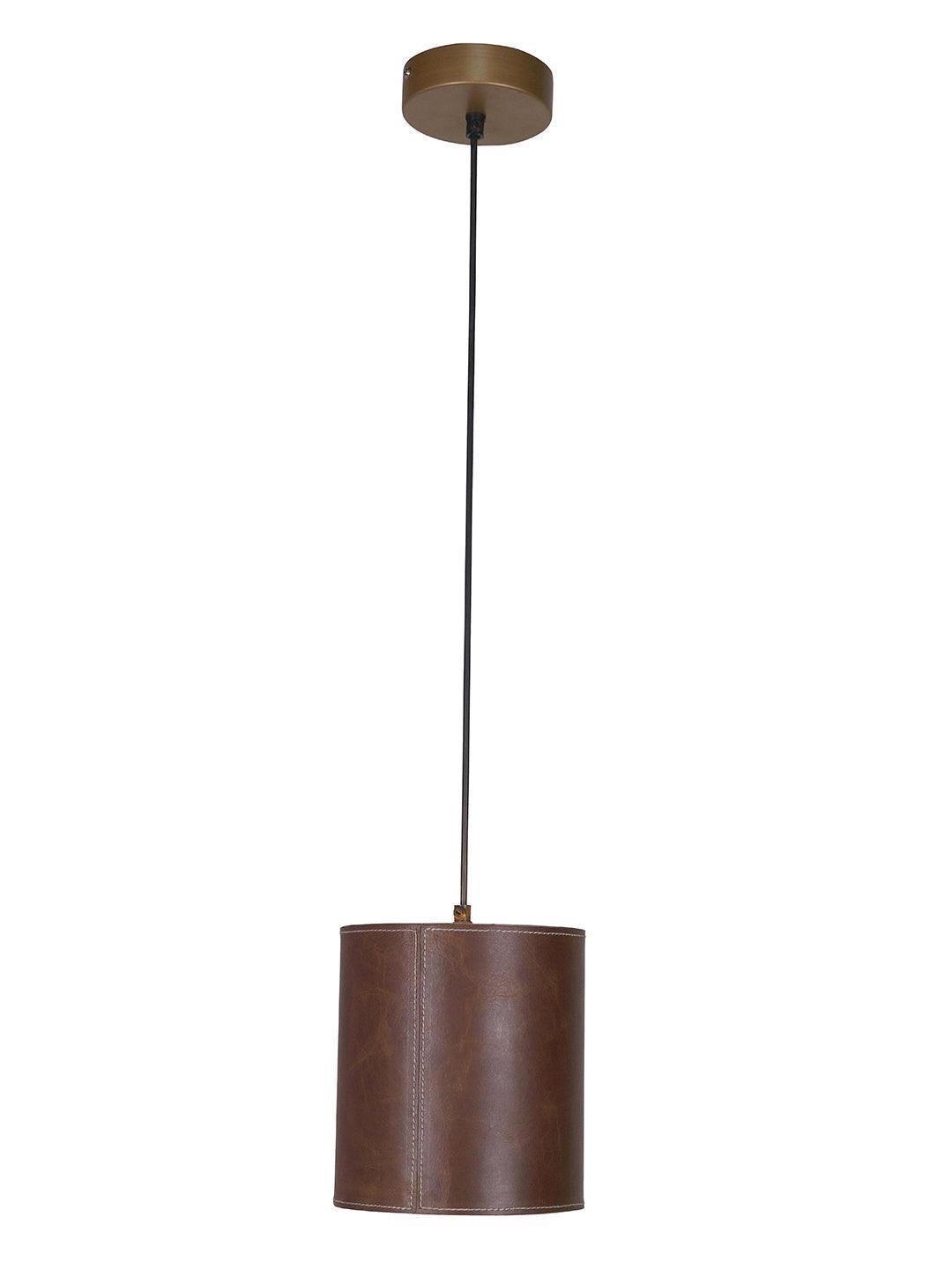 Contemporary Leather Brown Cylindrical Pendant Hanging Light Lamp
