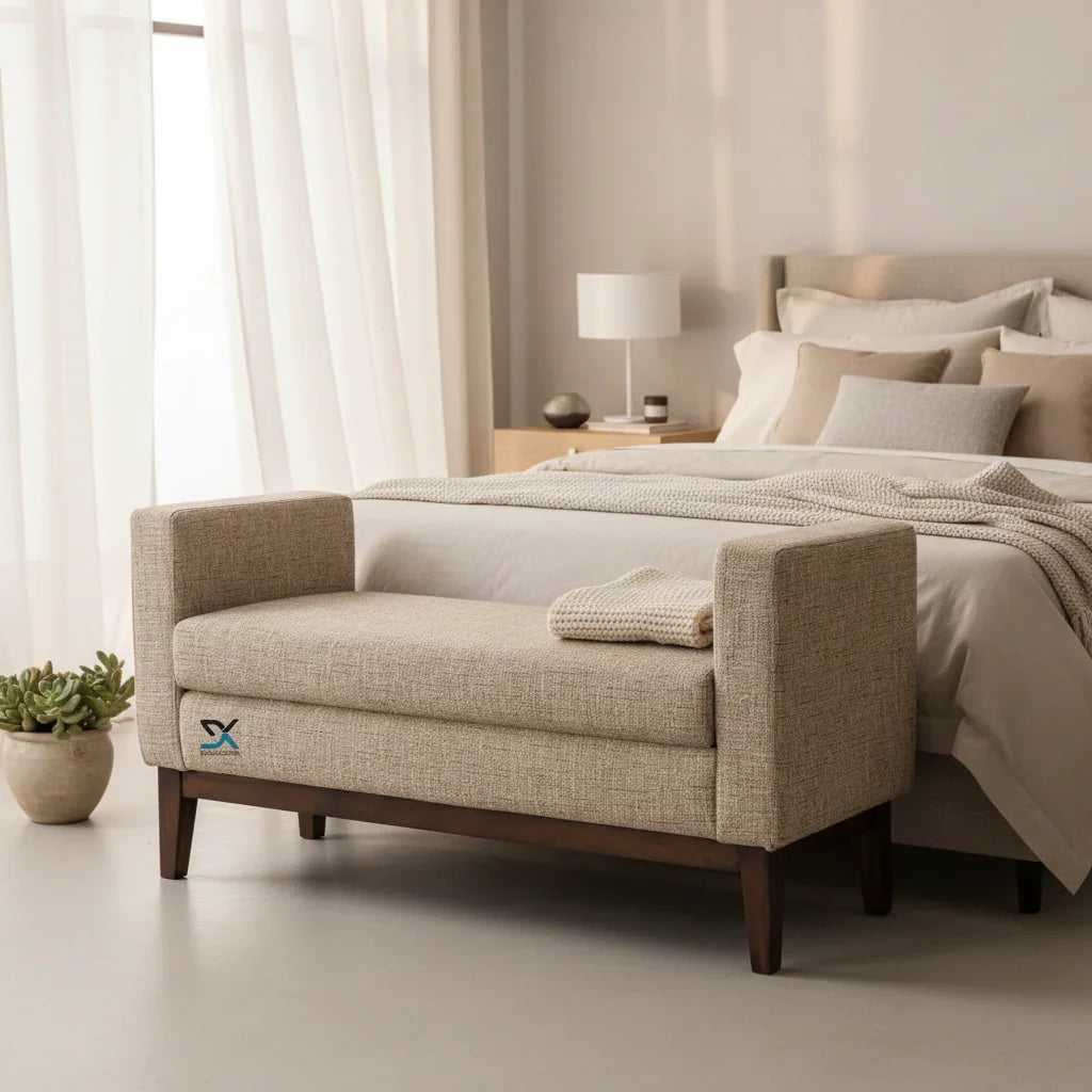 Stellar Ottoman Bench Sofa | Teak Wood Upholstered Sofa Bench for Living Room