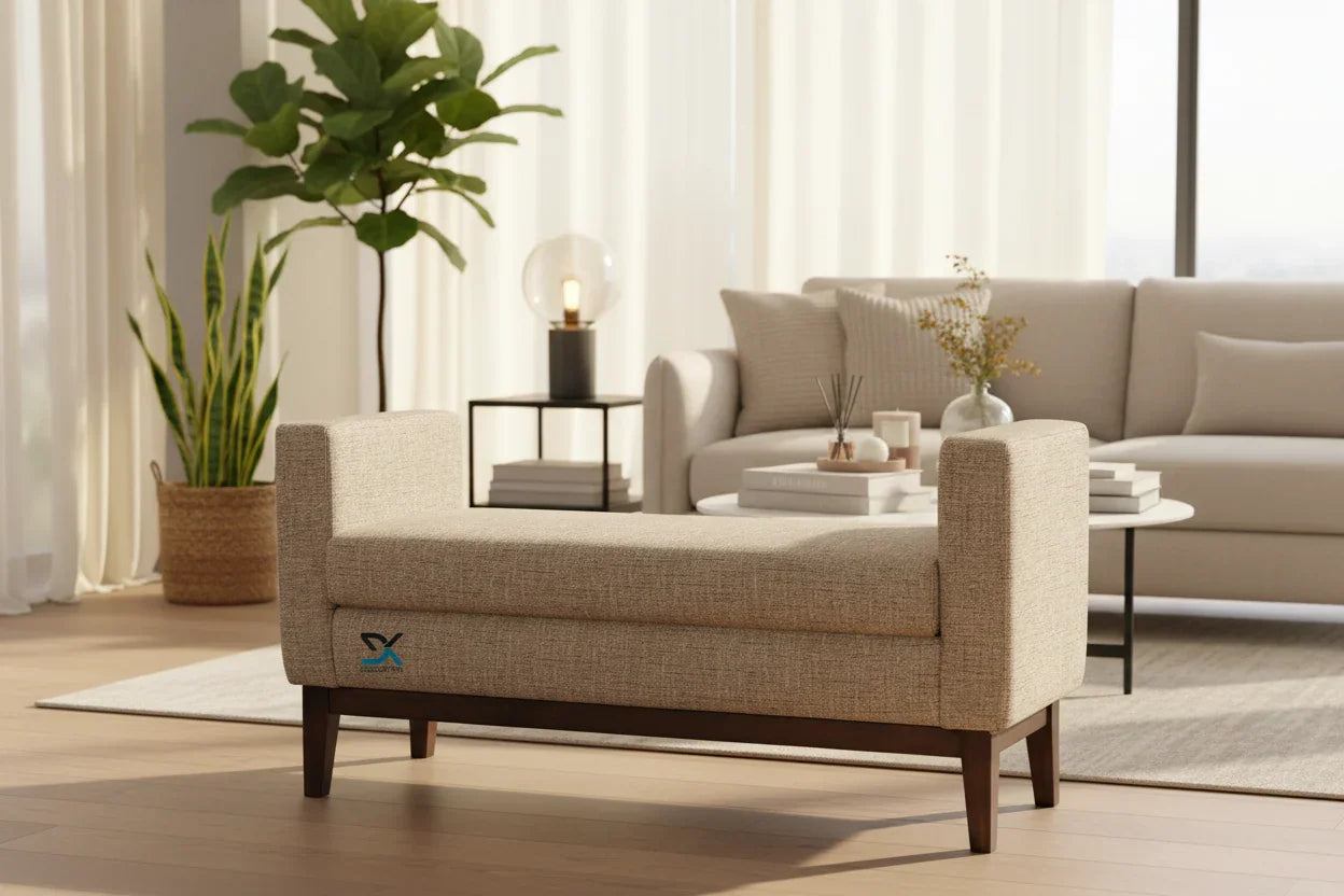 Stellar Ottoman Bench Sofa | Teak Wood Upholstered Sofa Bench for Living Room