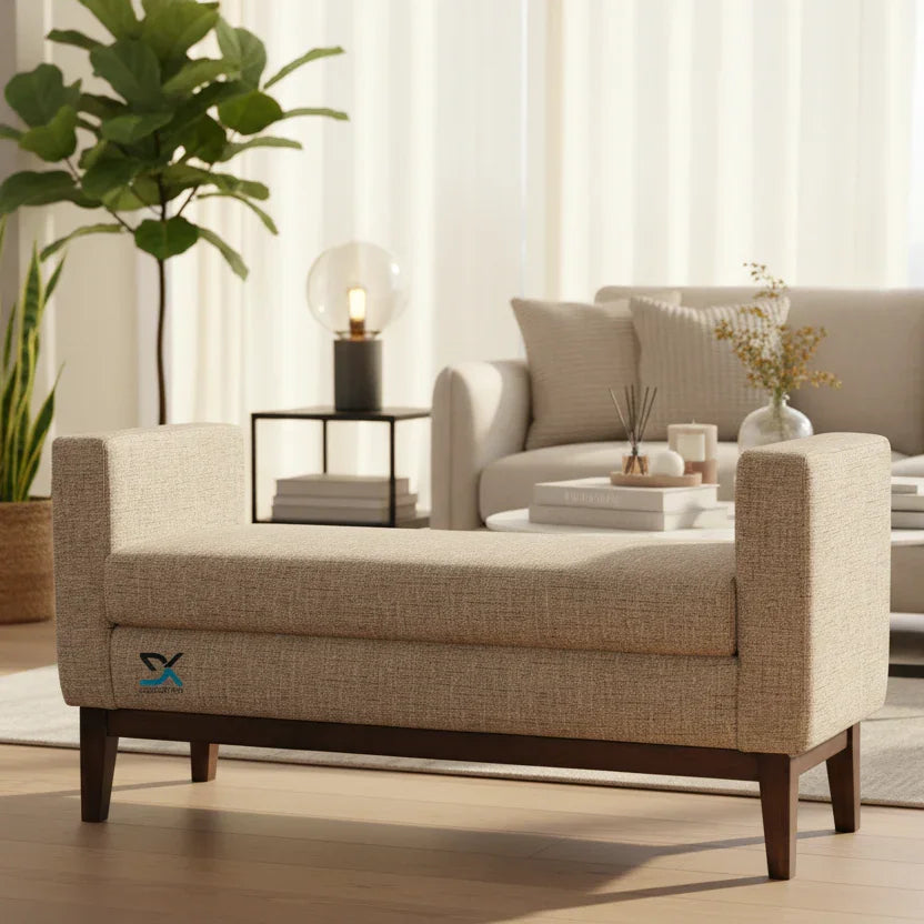Stellar Ottoman Bench Sofa | Teak Wood Upholstered Sofa Bench for Living Room