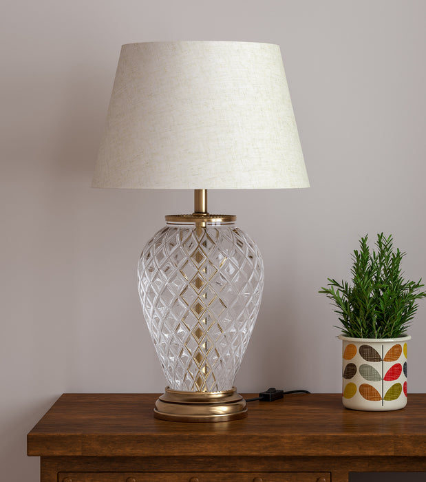 Royal Brass Antique Finish And Diamond Cut Glass Table Lamp 23 Inches Height With Off White 14 Inches Diameter Lampshade