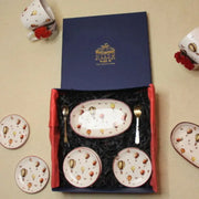 Luxury Stoneware Oval Serving Tray & Tea Plate Set with Pure Brass Spoons – Hot Air Balloon Print Snack & Dessert Plate Gift Set