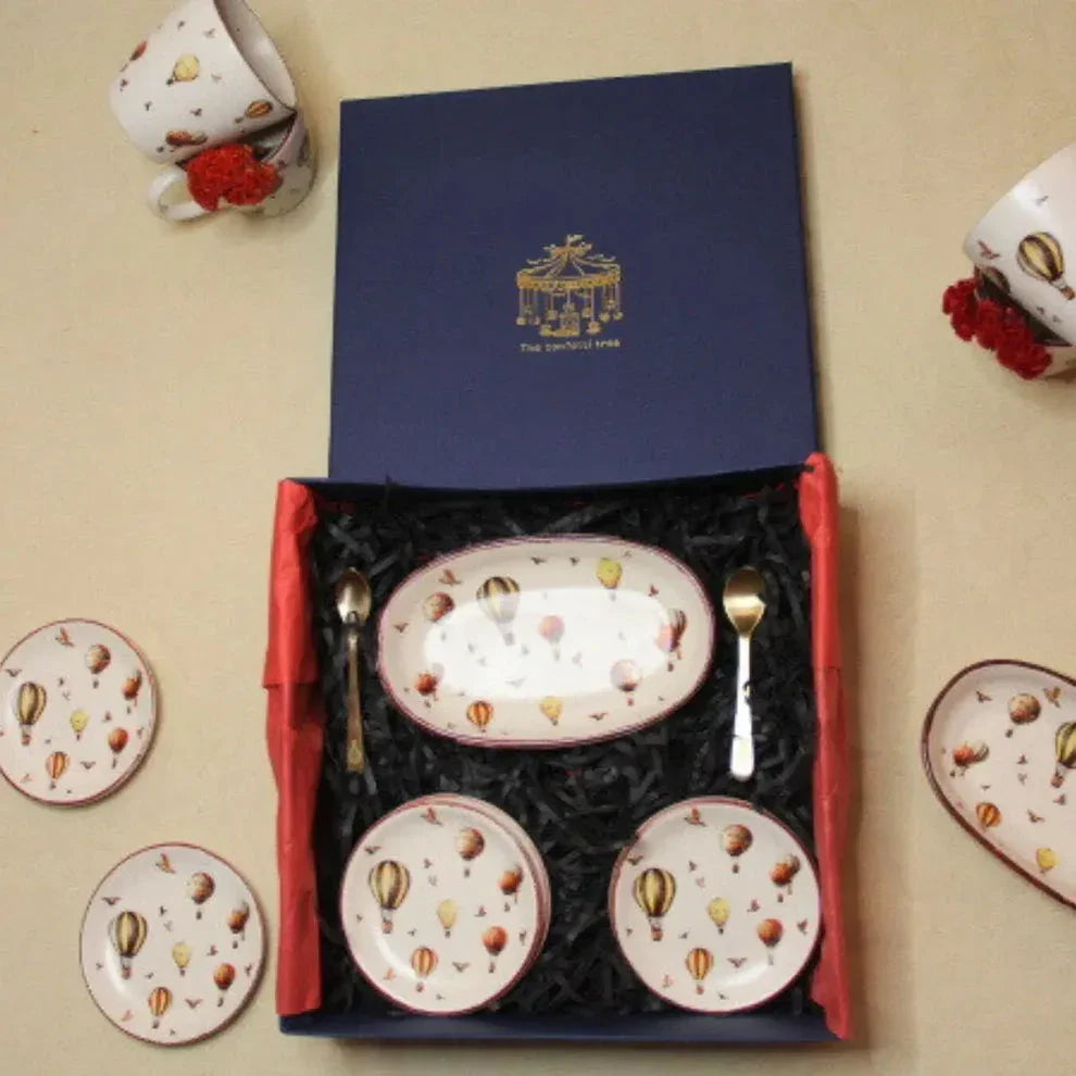 Luxury Stoneware Oval Serving Tray & Tea Plate Set with Pure Brass Spoons – Hot Air Balloon Print Snack & Dessert Plate Gift Set