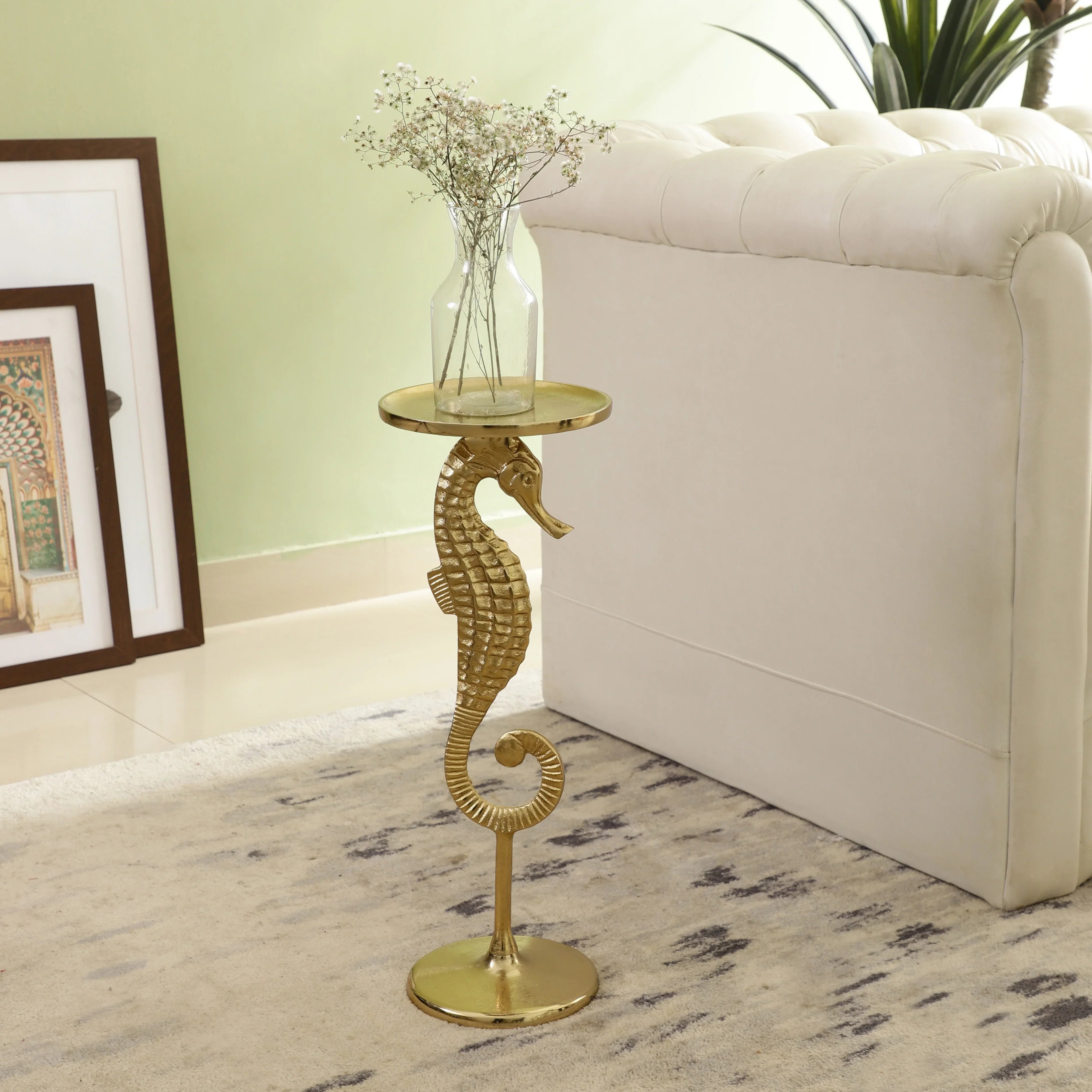 Gold Seahorse Side Table for Living Room | Coastal Theme Corner Table