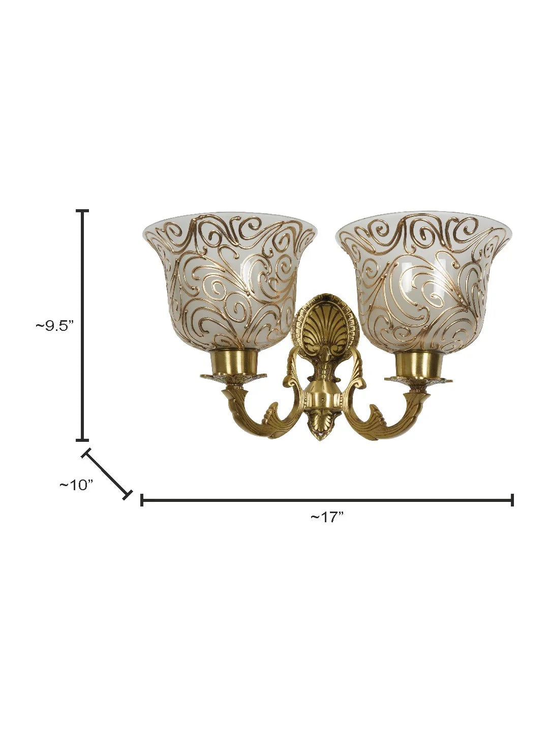 Traditional Twin Arm Antique Brass Wall Light with Frosted Glass Shades with Jaipuri designing on glass