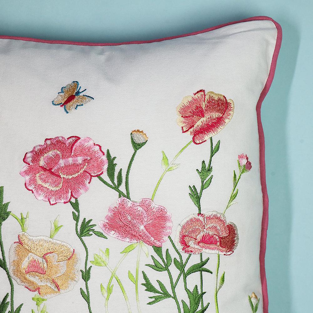 Enchanted Garden Cushion Cover | Hand Embroidered Cotton Cushion Cover | Multicolour Decorative Sofa Pillow Cover
