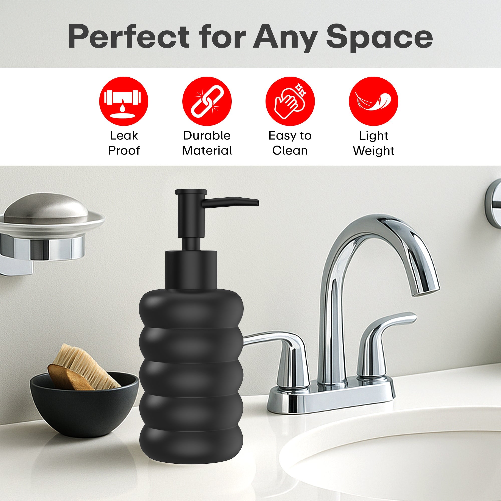 Rioware Outdoor Living Ceramic Liquid Soap Dispenser, 300ml, Multipurpose Refillable for Hand Wash, Dish Wash, Shampoo, Kitchen, Bathroom, and Household Use Pack of 1, Round Black