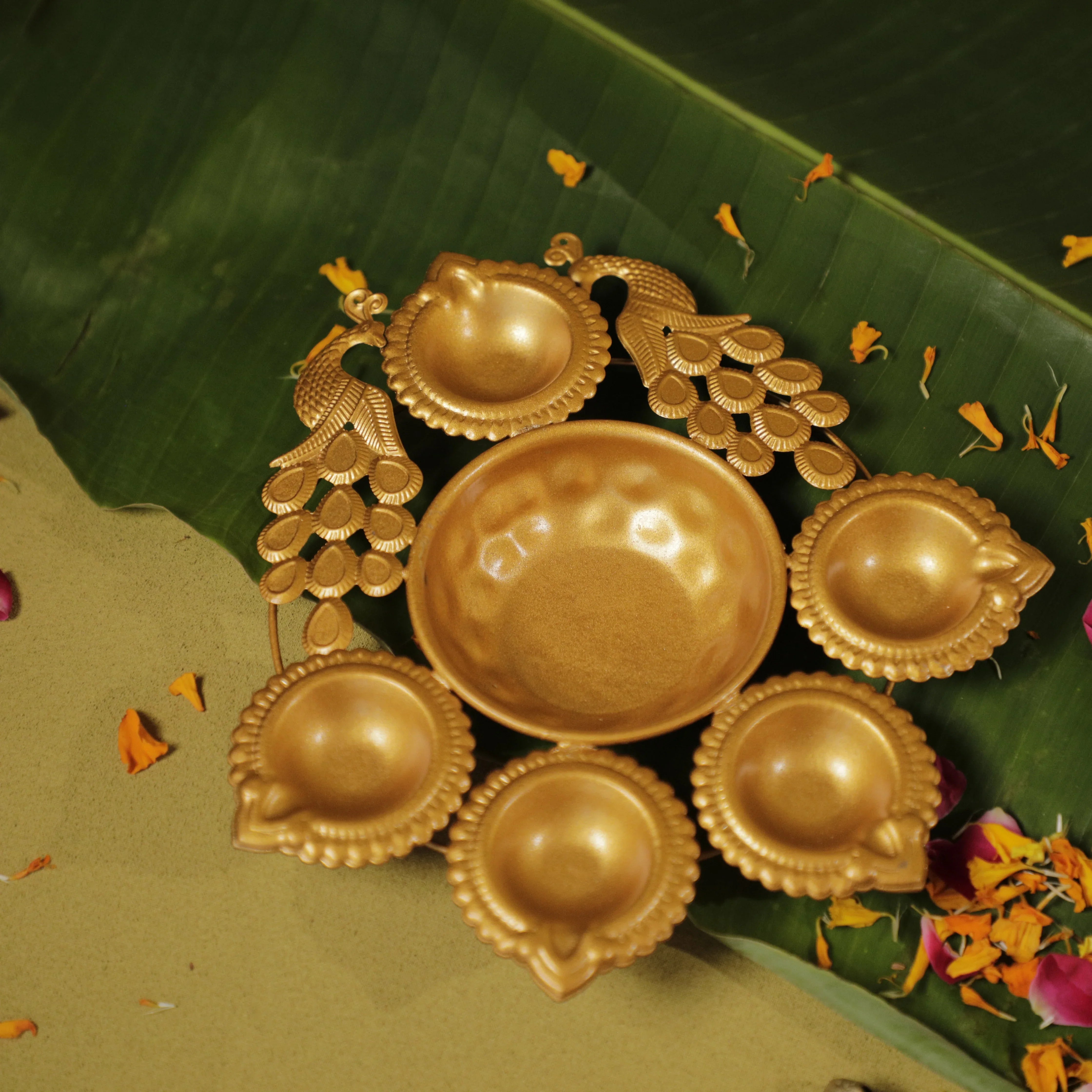 Antique Gold Twin Peacock Diya Urli Set