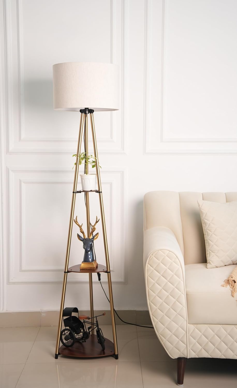 3 Shelves Floor Lamp Brass Antique Finish 5 Feet Height with 14” Diameter Off White Drum Shade for Living Room, Bedroom and Home Decoration