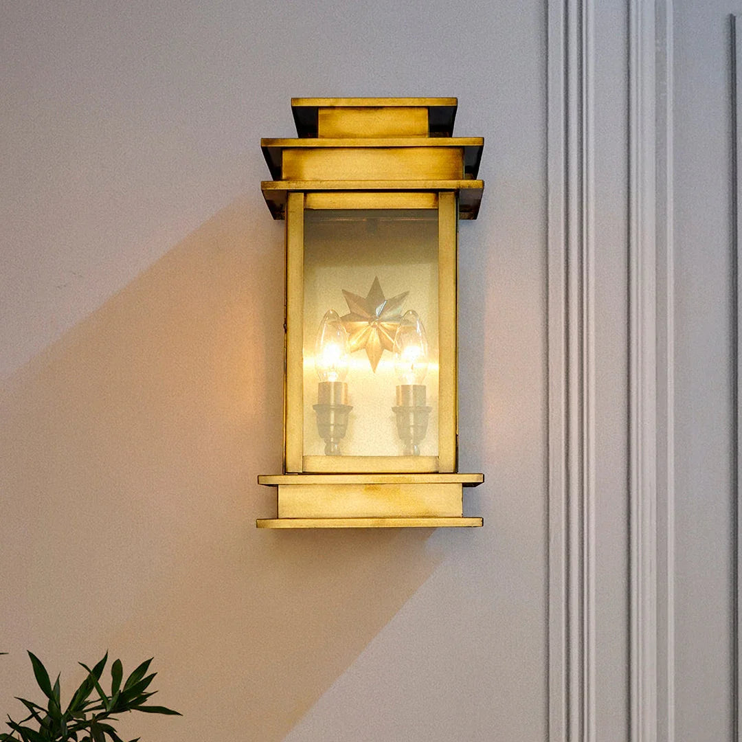 Antique Brass Art Deco Star Rectangular Wall Sconce