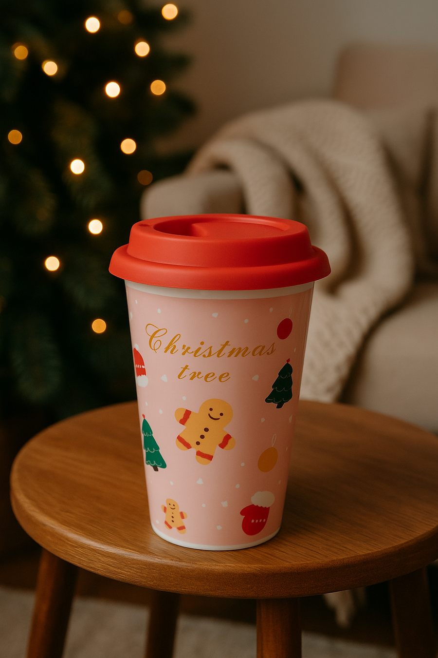 Christmas Ceramic Mug with Red Silicone Lid – 400 ml Coffee & Tea Cup-Pink