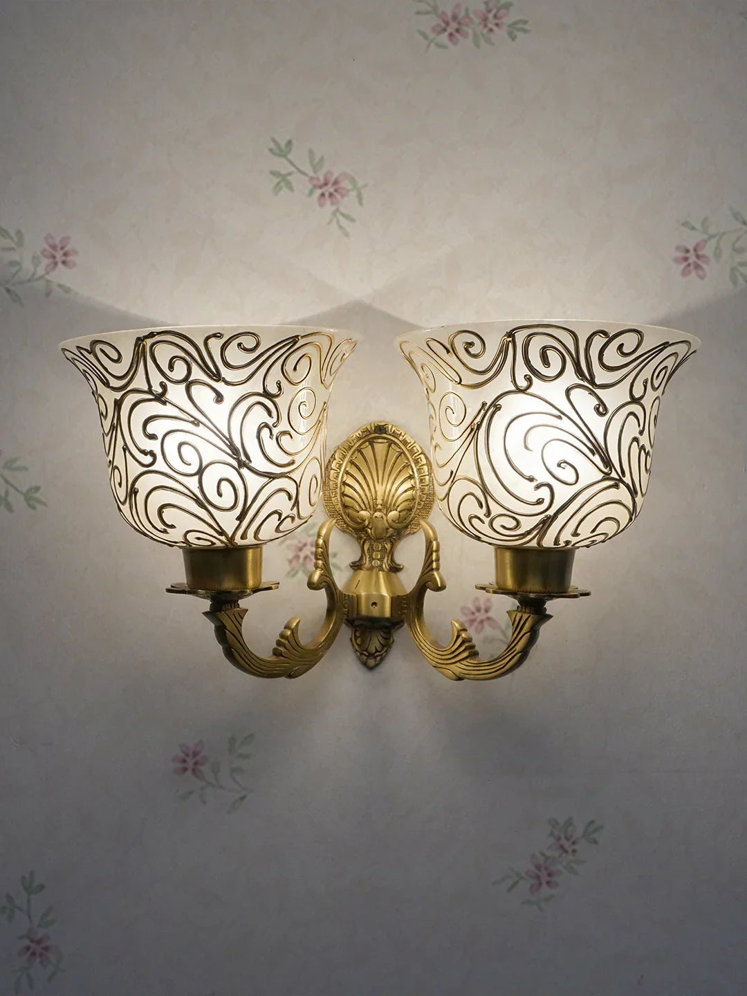 Traditional Twin Arm Antique Brass Wall Light with Frosted Glass Shades with Jaipuri designing on glass