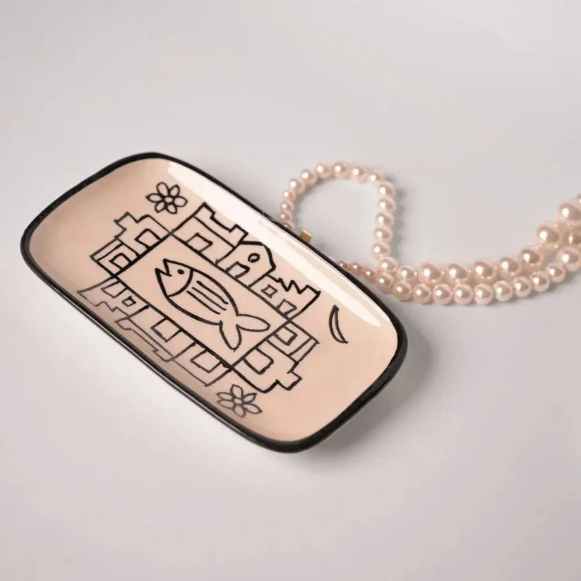 Fish trinket trayHandmade Stoneware Trinket Dish – Hand-Painted Fish Motif | Jewelry Holder | Boho Ceramic Vanity Tray