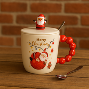 Christmas Ceramic Mug with Lid & Spoon | 350 ML Santa Mug with Red Handle | Merry Christmas Gift Cup for Coffee