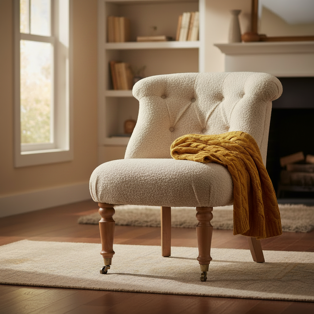 Boucle Solid Mango Wood Cream Accent Chair | Lounge Chair for Living Room