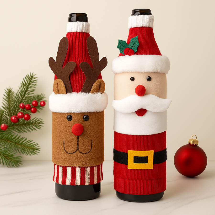 Christmas Wine Bottle Covers – Santa, Snowman & Reindeer Knitted Gift Wraps- Set of 2