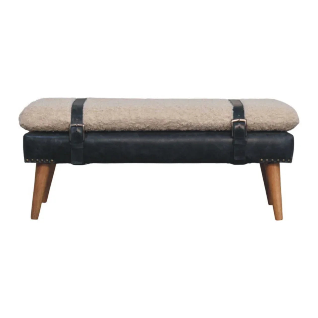 Boucle & Mahogany Leather Bench | Wooden Bench with Nordic Legs | Mango Wood Sitting Bench