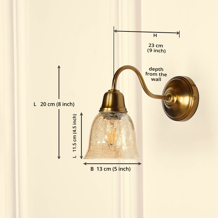 Brass Antique Finish Curved Down Wall Lamp with Cup Glass Crackled Golden Luster Shade