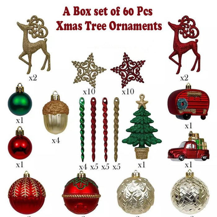 Christmas Ball Ornaments XMas Tree Hanging Decorations, Red, Green & Gold theme christmas Balls, 60 pcs Box Set