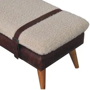 Boucle & Mahogany Leather Bench | Wooden Bench with Nordic Legs | Mango Wood Sitting Bench