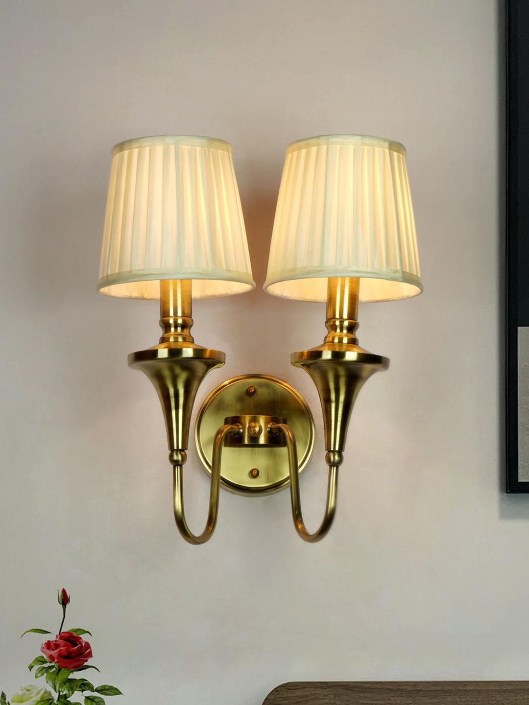 Gold Transitional 15 Inch Brass Finish Double Wall Lamp Light With White Pleated Fabric Shades