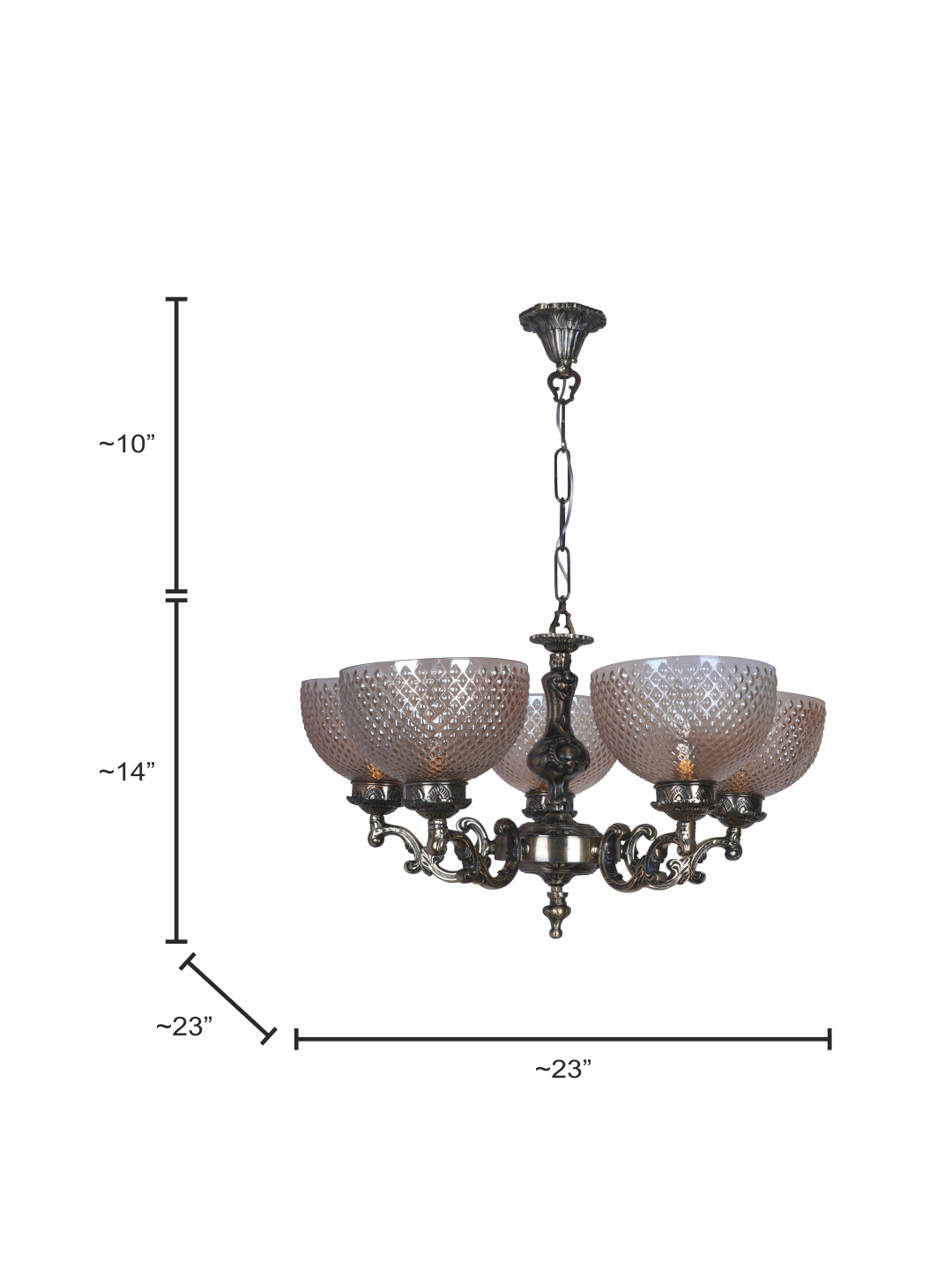 Traditional Ornate Aluminium 5-Lights Chandelier With Golden Textured Bowl Glass Shade